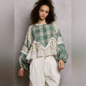 POL Green Plaid Flannel Mixed Media Patchwork Balloon Sleeve Baby Doll Top